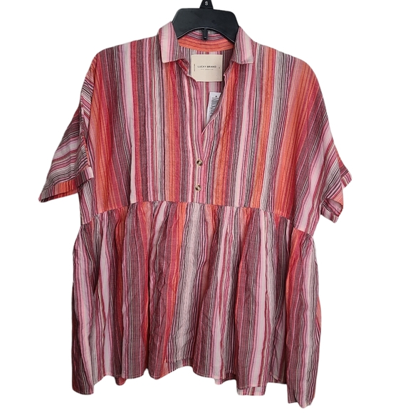 Lucky Brand The Street Tunic Pink Stripe Cotton Blouse Size Small - Picture 1 of 13